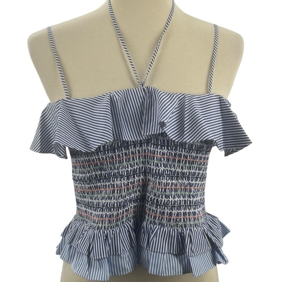 Smocked Halter Crop Blue and Pink Top - Picture 1 of 6